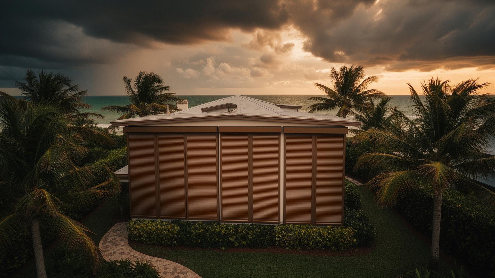 Florida coastal home with closed accordion hurricane shutters at sunset